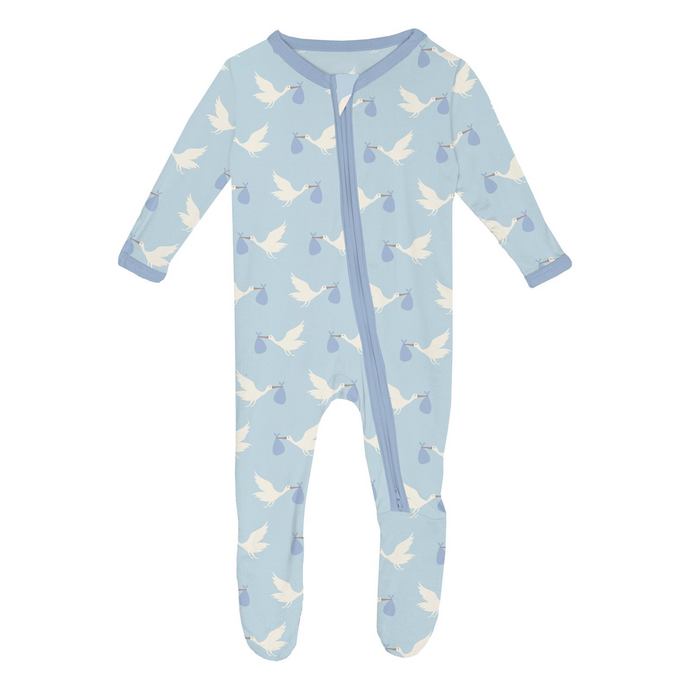 Kickee Pants - Print Footie with 2 Way Zipper in Spring Sky Stork