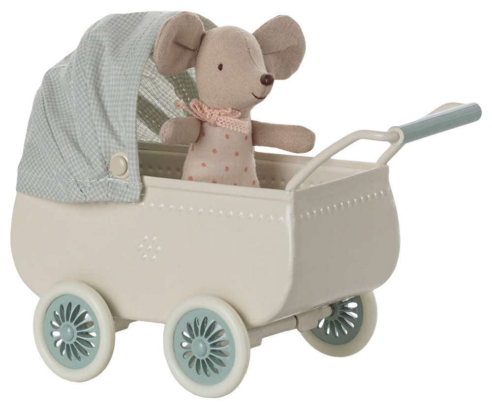 Maileg - Pram with Baby Mouse - Mint