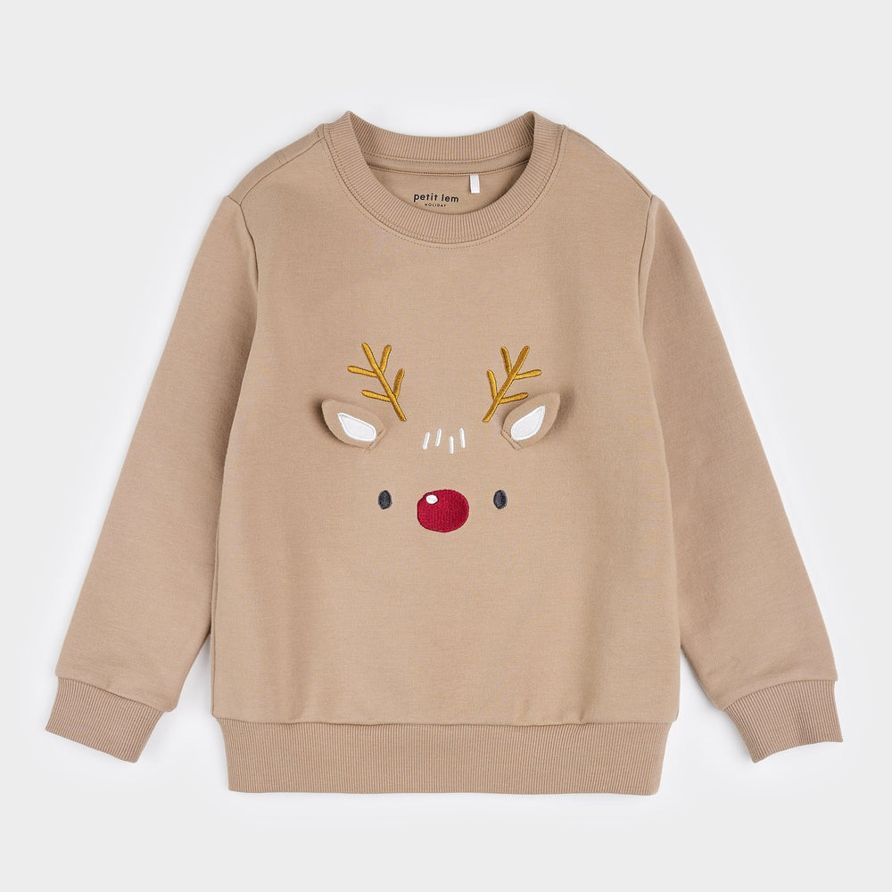 Petit Lem -  Little Reindeer on Taupe Fleece Sweatshirt