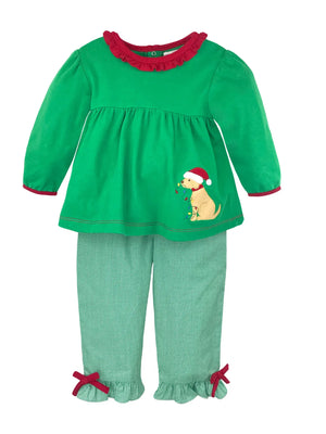 Petit Ami - Christmas Dog Top & Ruffle Pant Set