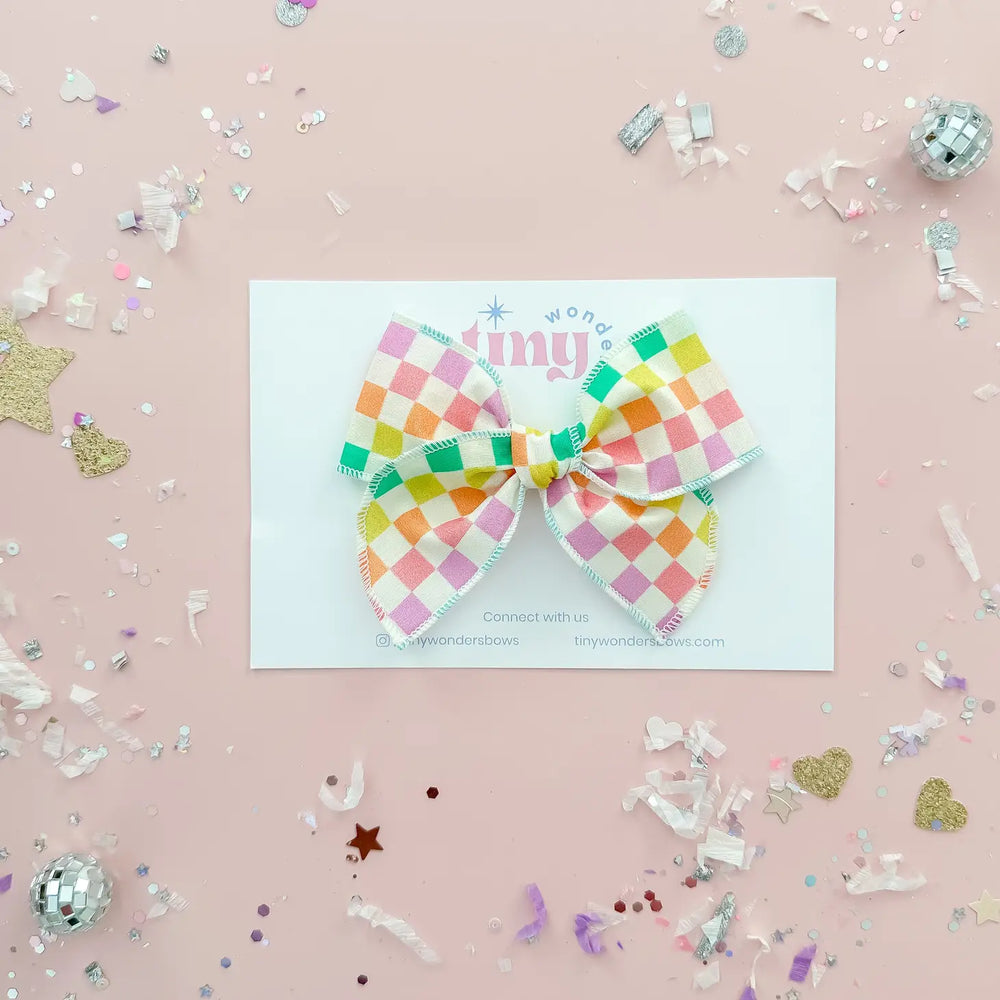 Tiny Wonder - Neon Rainbow Checkered Bow