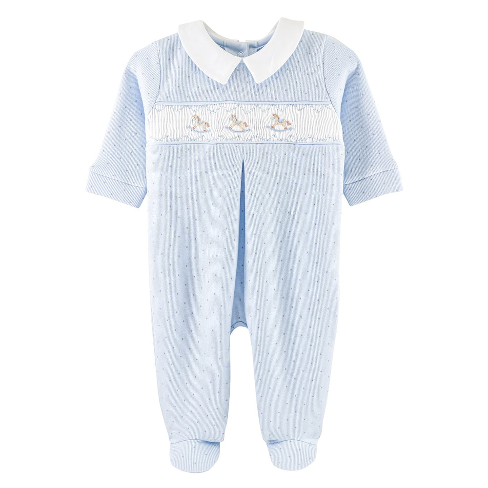 Baby Club Chic - Blue Smocked Rocking Horse Footie