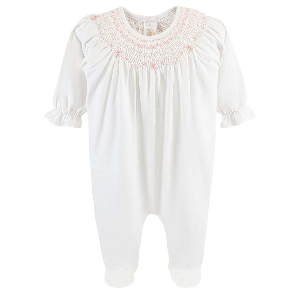 Baby Club Chic - Smocked Bishop Footie with Pink Embroidery