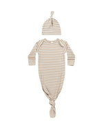 Quincy Mae - Latte Stripe Knotted Baby Gown + Hat Set