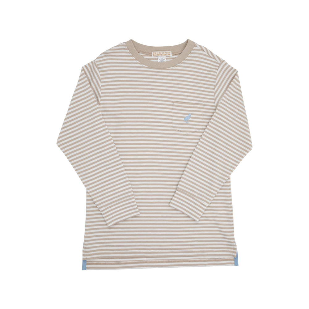 The Beaufort Bonnet Company - Keeneland Khaki Stripe/Barrington Blue Long Sleeve Carter Crewneck