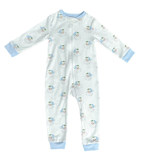 James & Lottie - Boys One Piece Zip Up Jammies Blue Santa