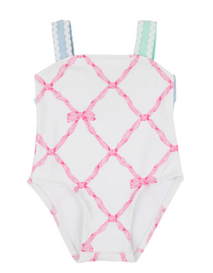 The Beaufort Bonnet Company - Shannon Bow Bathing Suit Belle Meade Bow with Buckhead Blue & Sea Island Seafoam