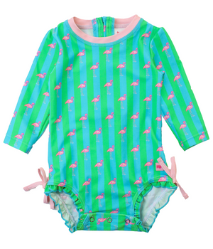 Ruffle Butts - Long Sleeve One Piece Rash Guard Neon Flamingo Stripe