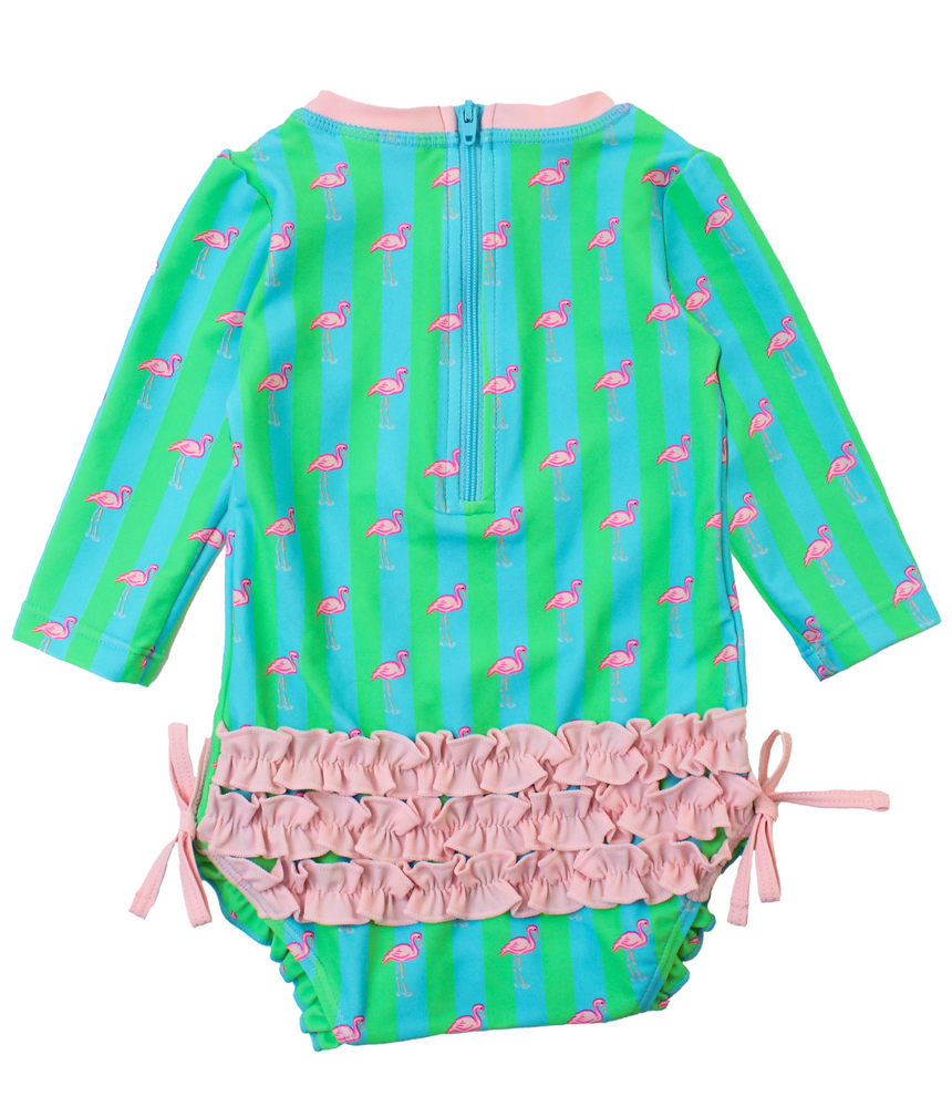 Ruffle Butts - Long Sleeve One Piece Rash Guard Neon Flamingo Stripe