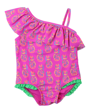 Ruffle Butts - One Shoulder Ruffle One Piece Neon Violet Pineapples