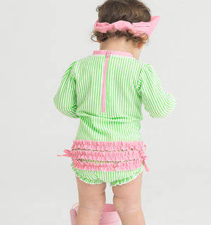 Ruffle Butts -  Seersucker Long Sleeve Rash Guard One Piece Spring Green Searsucker