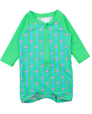 Ruffle Butts -  Boys Long Sleeve One Piece Rash Guard Neon Flamingo Stripe