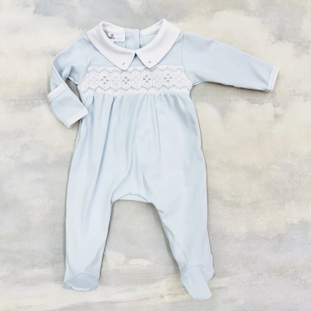 Magnolia Baby - Ethan Light Blue Smocked Collared Footie