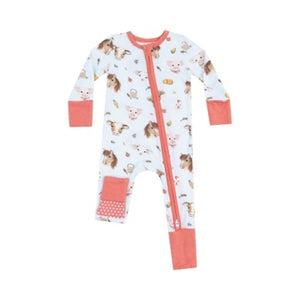 Angel Dear - Blue Vintage Farm Animal Faces Zip Romper